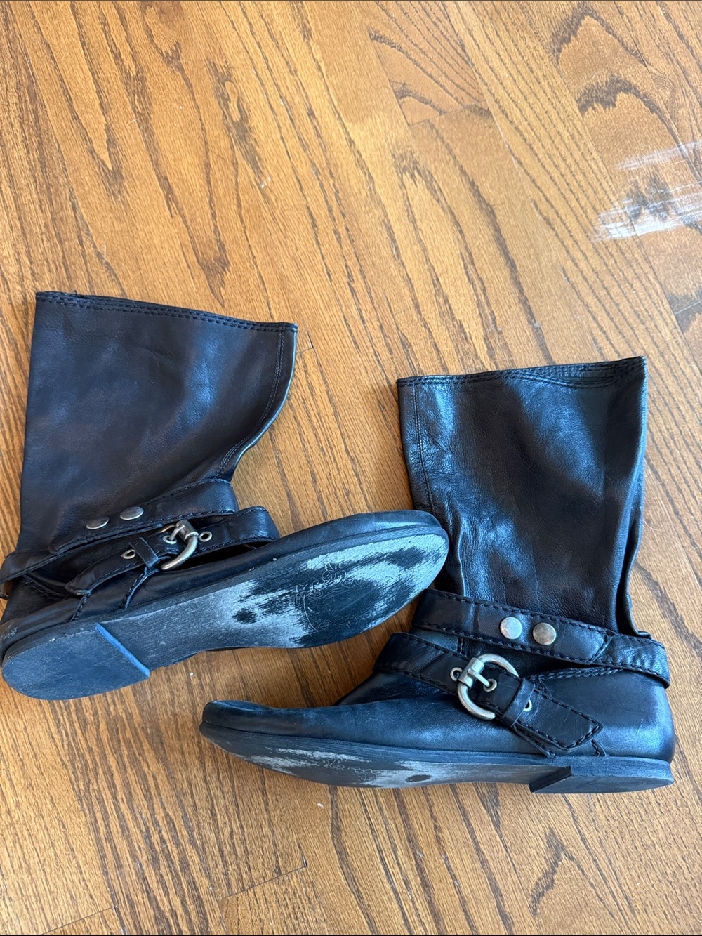 Black Leather Buckle Harness Moto Boots Size 8